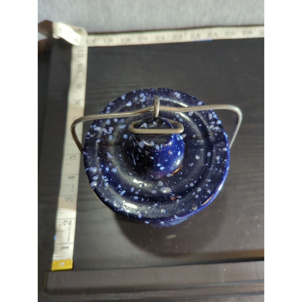 VTG Cobalt White Speckled Spatter Ware Cheese Butter‎ Crock Ceramic Wire Lock